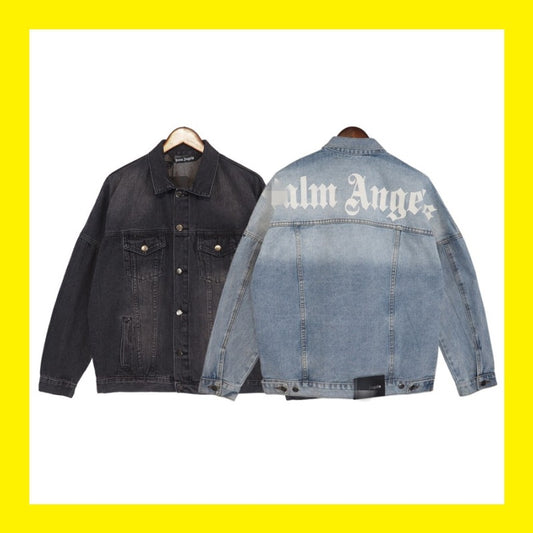 PA Trendy Brand Denim Jacket with Large Letter Logo and Palm Tree Design for Couples