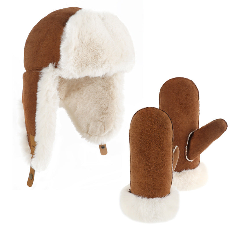 Autumn and Winter Suede Ushanka Plush Thickened Ears Protection Hat Warm Ski Cap Angora Gloves Outdoor Cold-Proof Suit