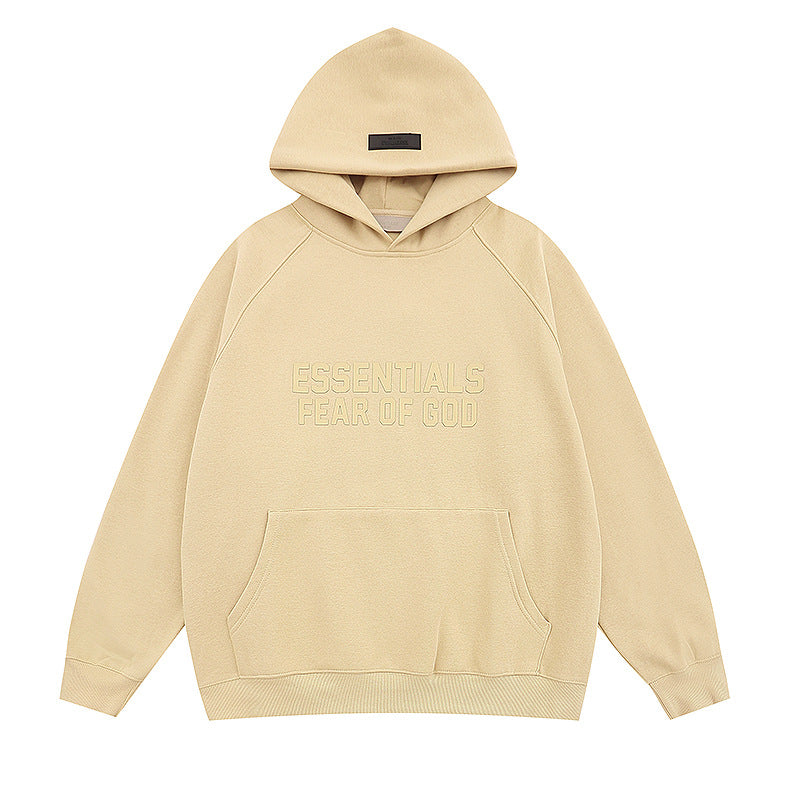 FQG Double-Line ESSENTIALS Hooded Sweatshirt with 3D Silicone Letter Print Unisex Loose Hoodie