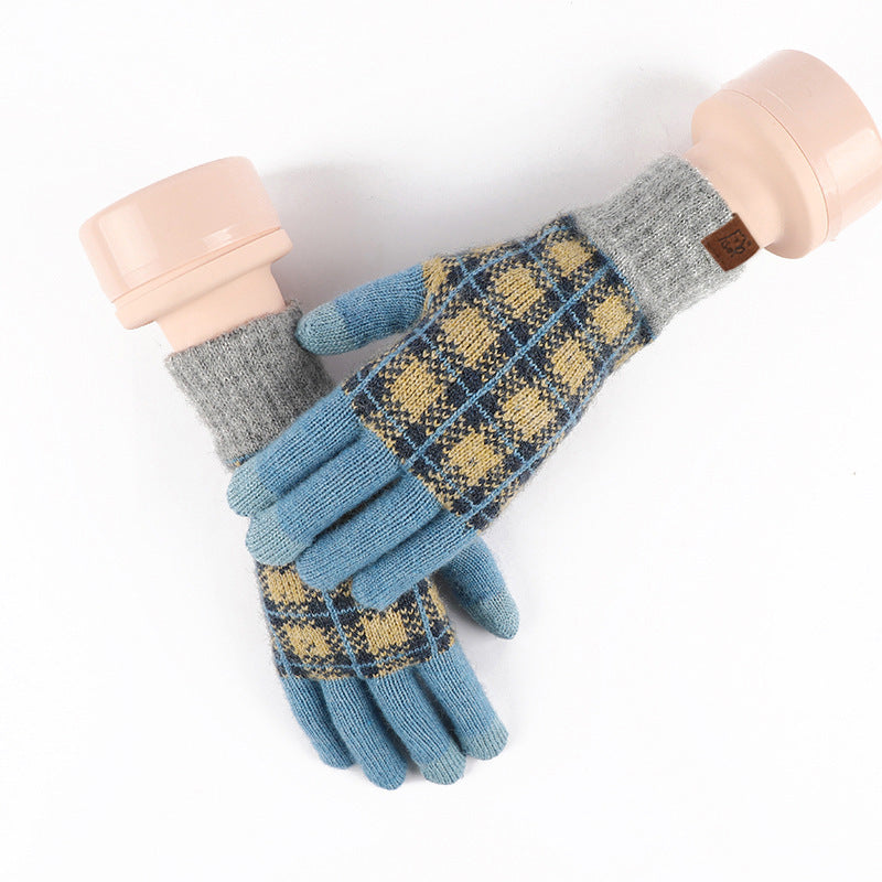 2024 Winter Popular Japanese Wool Knitted Plaid Gloves Fleece-lined Thickened Cycling Five-Finger Touch Screen Warm Gloves