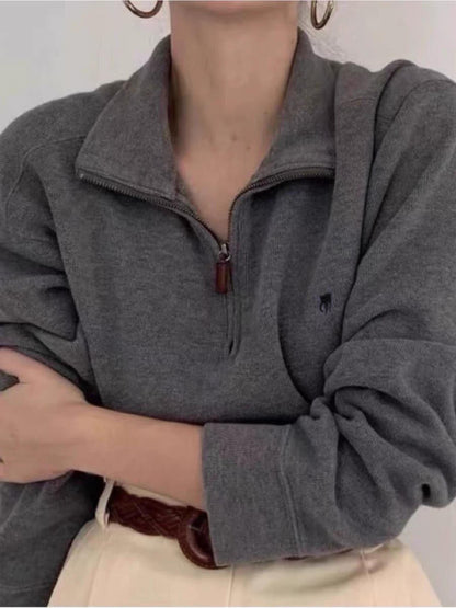 RL Ralph Pony Label Retro Couple Sweatshirt Women Long Sleeve Sweatshirt Men Polo Half Zipper Turn-down Collar Loose American Style