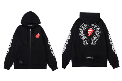 CH Autumn Winter New Cross Scroll Simple Classic Hooded Sweatshirt Zipper Pure Cotton Jacket