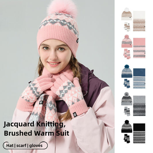 European and American Adult Fur Ball Hat Scarf Gloves Three-Piece Suit Winter Warm Jacquard Knitted Hat 3-Piece Set