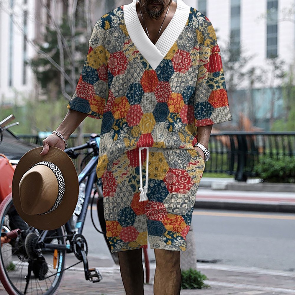 Graffiti Print Men's Three-Quarter Sleeve Short Sleeve Shorts Oversize Drop Shoulder Casual Set