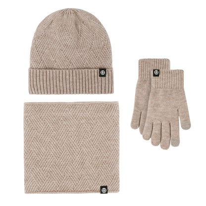 Winter neck warm three-piece hat, scarf and gloves three-piece knitted and fleece-thickened winterproof wool suit