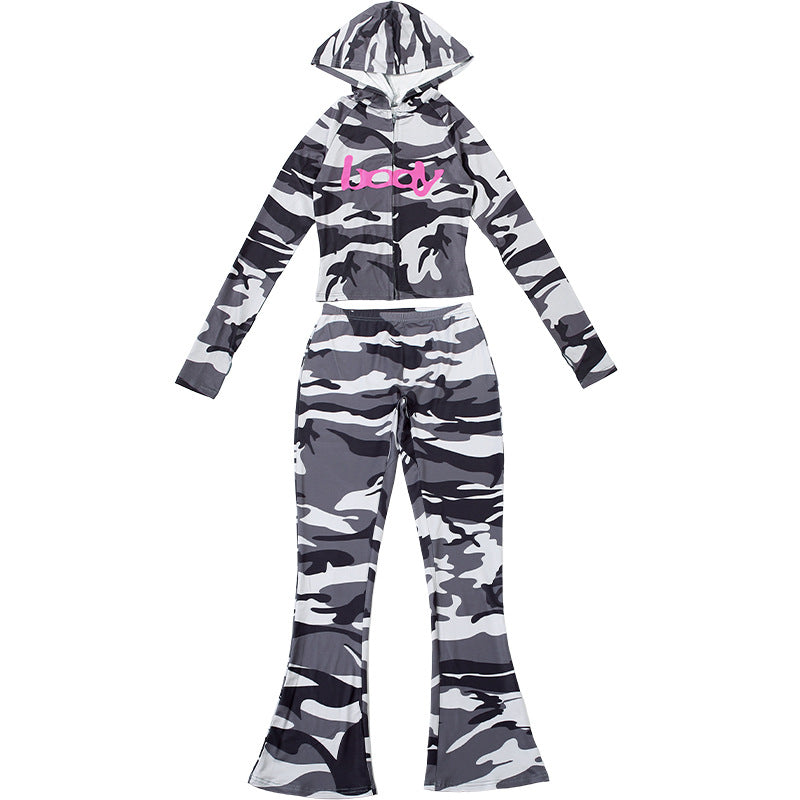 2025 Autumn Women's New Fashion Hooded Camouflage Print Long Sleeve Sports Trendy Slim Fit Long Pants Two-Piece Set
