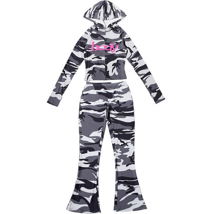 2025 Autumn Women's New Fashion Hooded Camouflage Print Long Sleeve Sports Trendy Slim Fit Long Pants Two-Piece Set