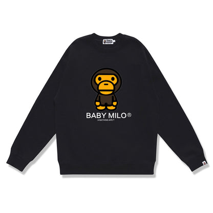 Terry Sweatshirt with Ape Man Letter Print, Unisex, Pure Cotton, Loose Fit, Thin, Crew Neck Pullover Top, Outerwear