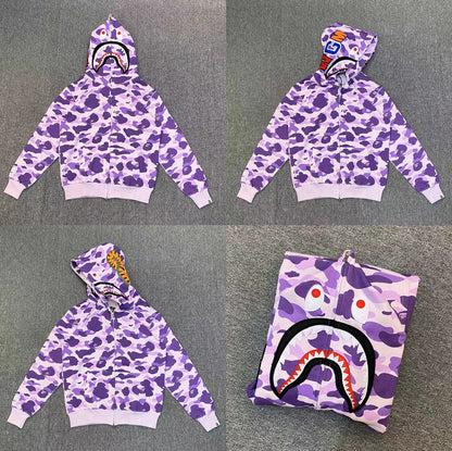 Fashion Brand Shark Camouflage Zipper Sweater Men and Women Couple Loose Cotton Fleece-lined Hooded Cardigan Coat Men