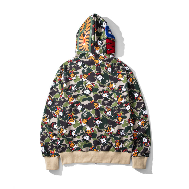 Men's Sweatshirt Shark Cartoon Camouflage Hello Kitty Casual Loose Hooded Top Women's Jacket
