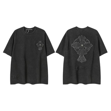 2025 New CHRM Heart Cross Sanskrit Patch Print Embroidery Loose Short Sleeve for Men and Women