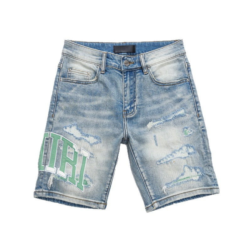 Fashion Street Style Men's Denim Shorts Summer Light Blue Trendy Brand Embroidered Patch Elastic Five-Point Denim Mid-Length Shorts