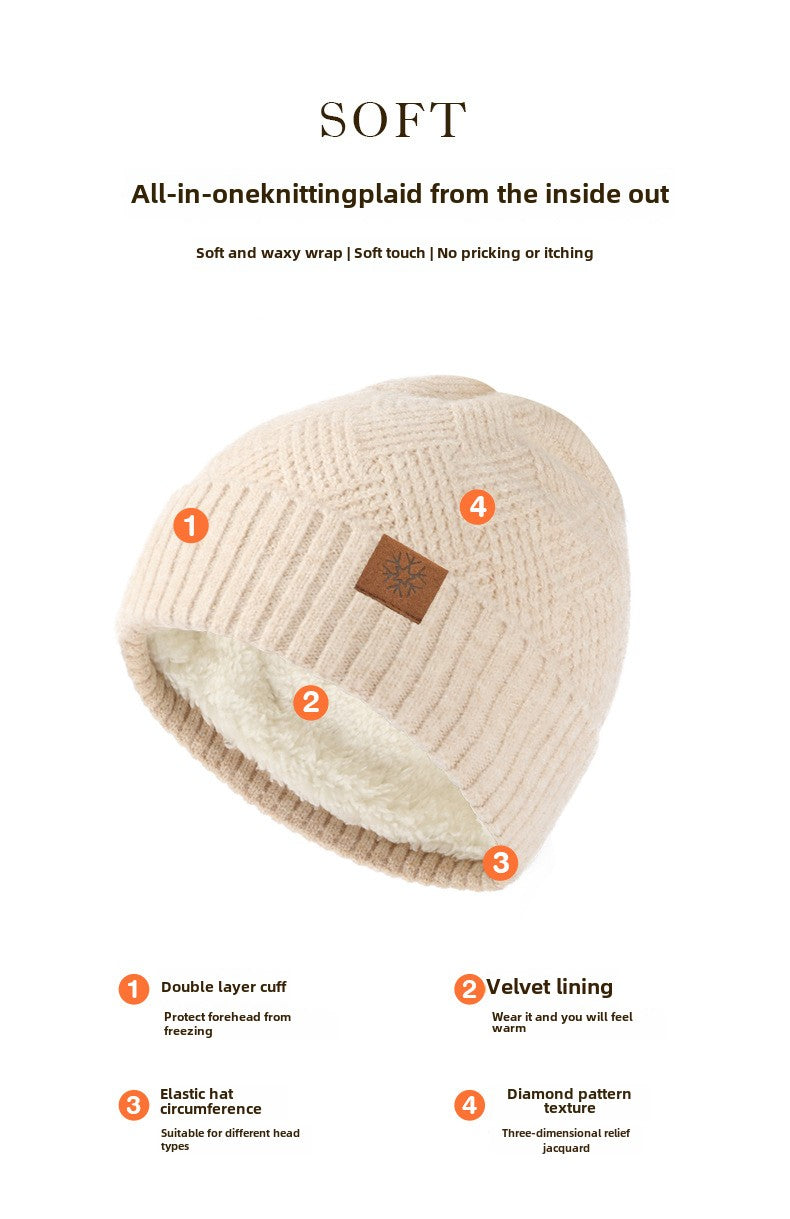 Winter Double Layer Fleece-lined Thickened Knitted Hat Women's Solid Color Wool Warm Windproof Earflaps Slipover Flanging Woolen Cap