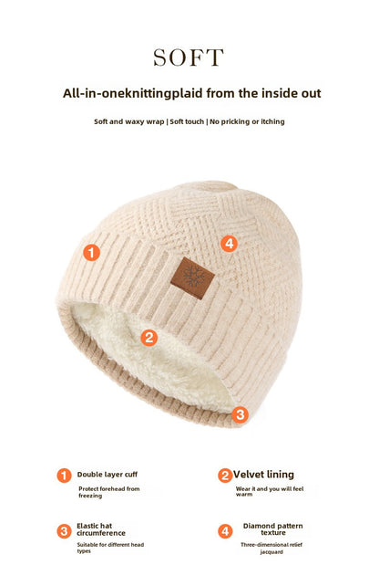 Winter Double Layer Fleece-lined Thickened Knitted Hat Women's Solid Color Wool Warm Windproof Earflaps Slipover Flanging Woolen Cap