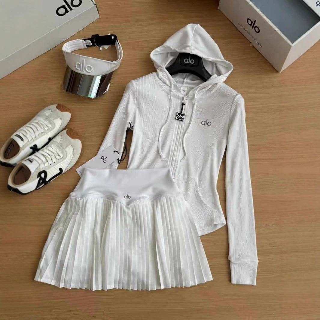 A-L High-Quality Hooded Zipper Jacket and Pleated Skirt Set Two-Piece Slim Fit Versatile Yoga Sports