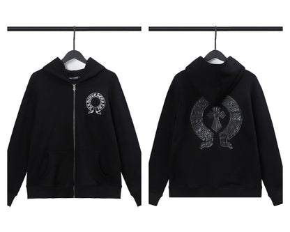 CH Autumn Winter New Cross Scroll Simple Classic Hooded Sweatshirt Zipper Pure Cotton Jacket