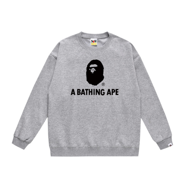 Terry Sweatshirt with Ape Man Letter Print, Unisex, Pure Cotton, Loose Fit, Thin, Crew Neck Pullover Top, Outerwear