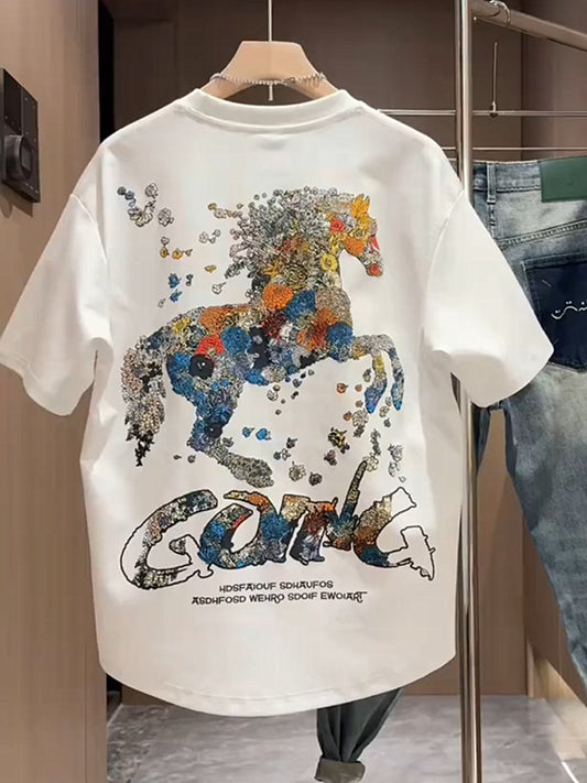 Summer New Foam Print Embroidered Round Neck Short Sleeve Men's Trendy Fashion Loose Versatile Cool Casual Half Sleeve