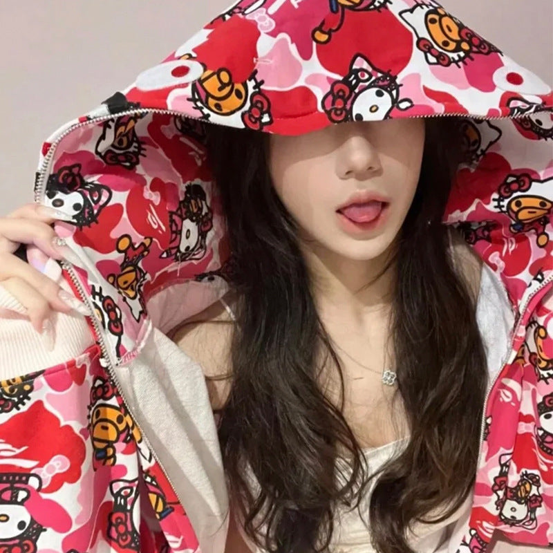 Men's Sweatshirt Shark Cartoon Camouflage Hello Kitty Casual Loose Hooded Top Women's Jacket