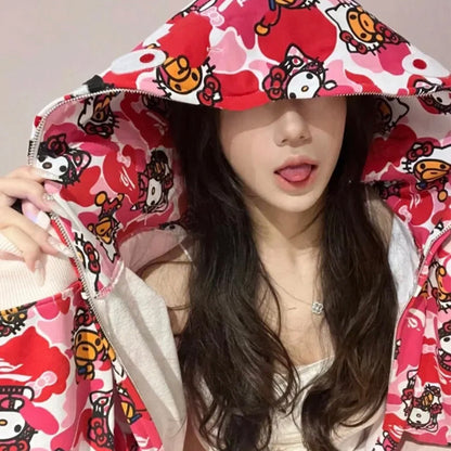 Men's Sweatshirt Shark Cartoon Camouflage Hello Kitty Casual Loose Hooded Top Women's Jacket