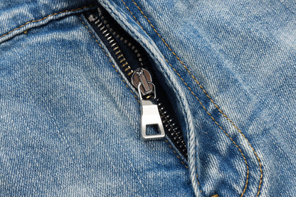 Fashion Street Style Men's Denim Shorts Summer Light Blue Trendy Brand Embroidered Patch Elastic Five-Point Denim Mid-Length Shorts