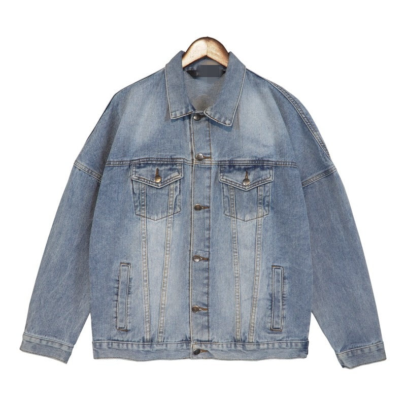 PA Trendy Brand Denim Jacket with Large Letter Logo and Palm Tree Design for Couples