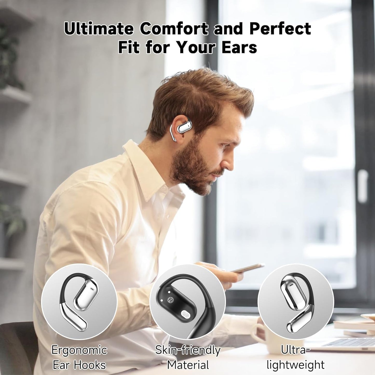 GMABCD Q16 Pro Open Ear Bluetooth 5.4 Earbuds,Intelligent Touch Screen Open Ear Headphones,50H Playtime,Ergonomic Ear Hook,Built-in Mic,LED Display Charging Case,Sport Over Earphones,for Running Fitness