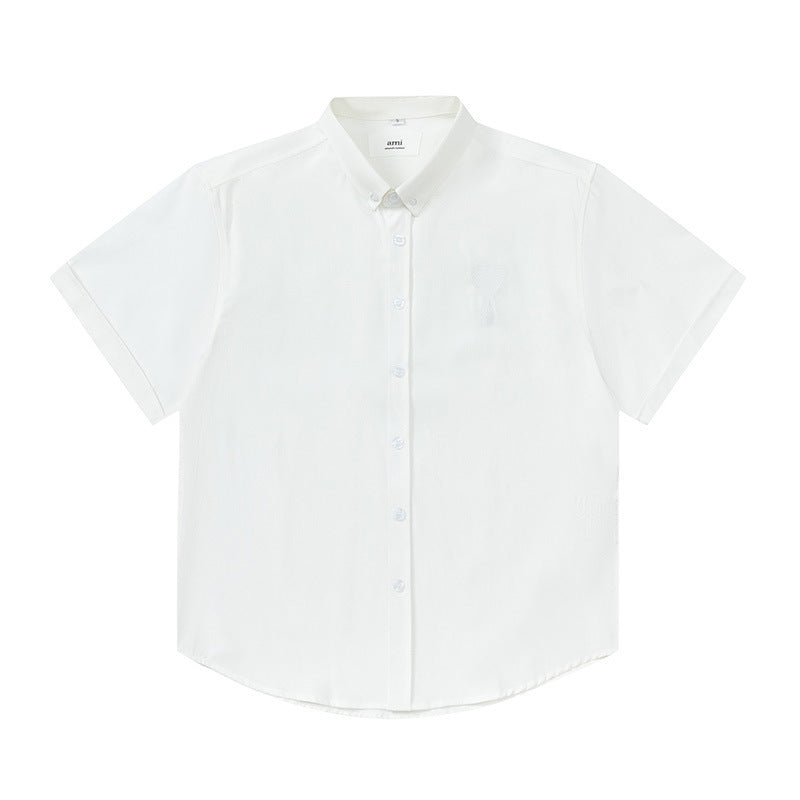 Trendy Brand Am* Small Heart Embroidered Shirt Casual Loose Fit Unisex Couple Style Amy Cotton Long Sleeve Top(2)