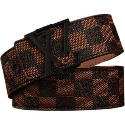 New Men's Belt Smooth Buckle Waist Belt Letter Youth Plaid Pattern Belt Korean Style Trendy Casual Versatile