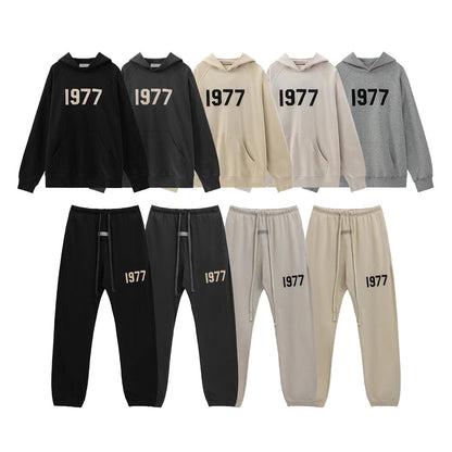 2025 New FOG 1977 Flocked Print Digital High Street European and American Style Sweatshirt Loose Casual Pants Unisex Set