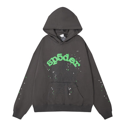 Beautiful Fashion Brand Men's and Women's Same Style 555555 Cobweb Puff Print Hip Hop Loose Heavy Terry Hooded Sweater Set