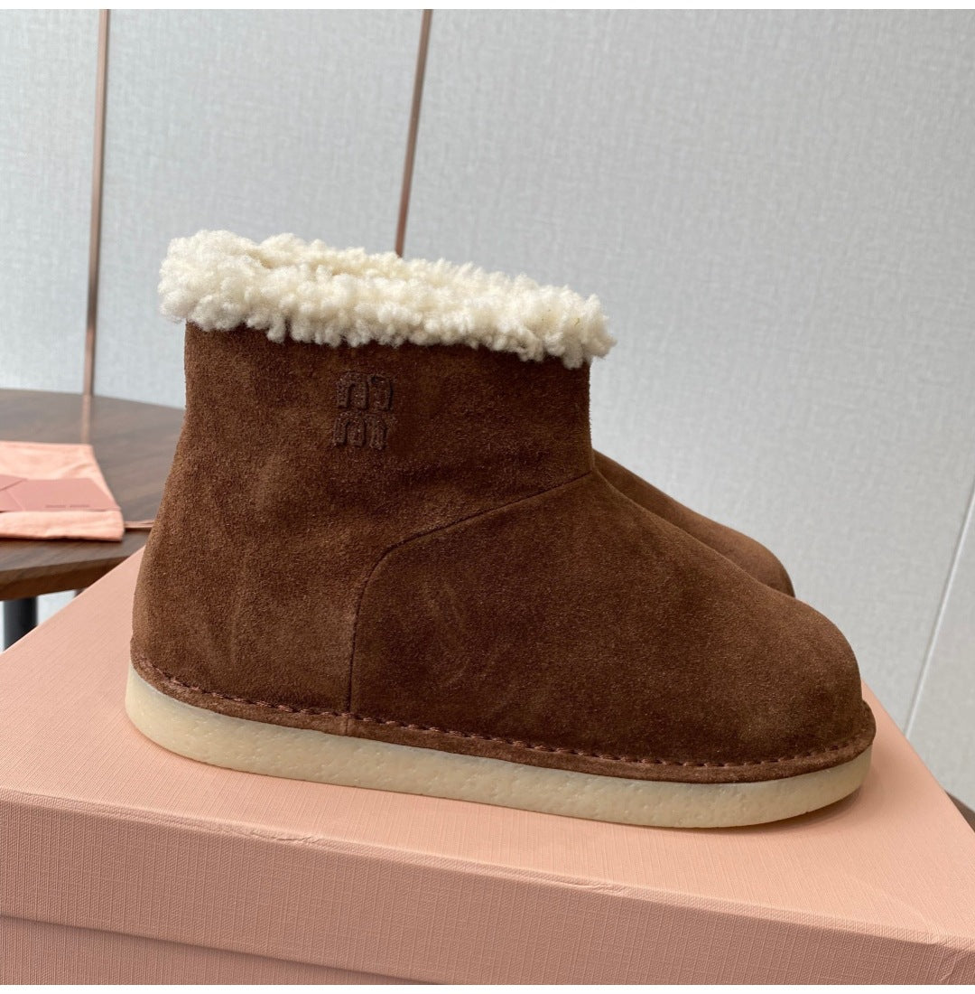 French Style Sheepskin Thick-Soled Snow Boots Round Toe Cow Suede Patchwork Warm Short Boots Versatile Flat Short Cotton Boots