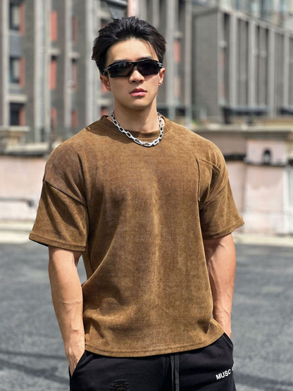 New Muscle Fitness Brothers Sports Men's T-Shirt Spring Summer Round Neck Corduroy Casual Running Men's Pocket T-Shirt