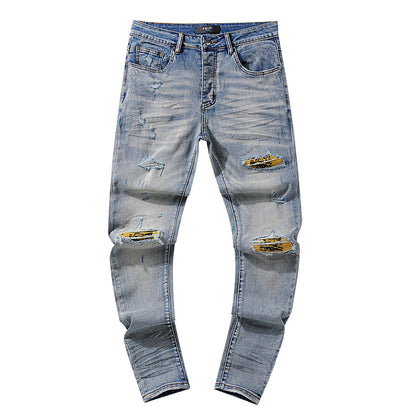 Jeans Washed and Distressed Retro Tattered Jeans Splash Ink Ruffle Handsome and Beautiful Style