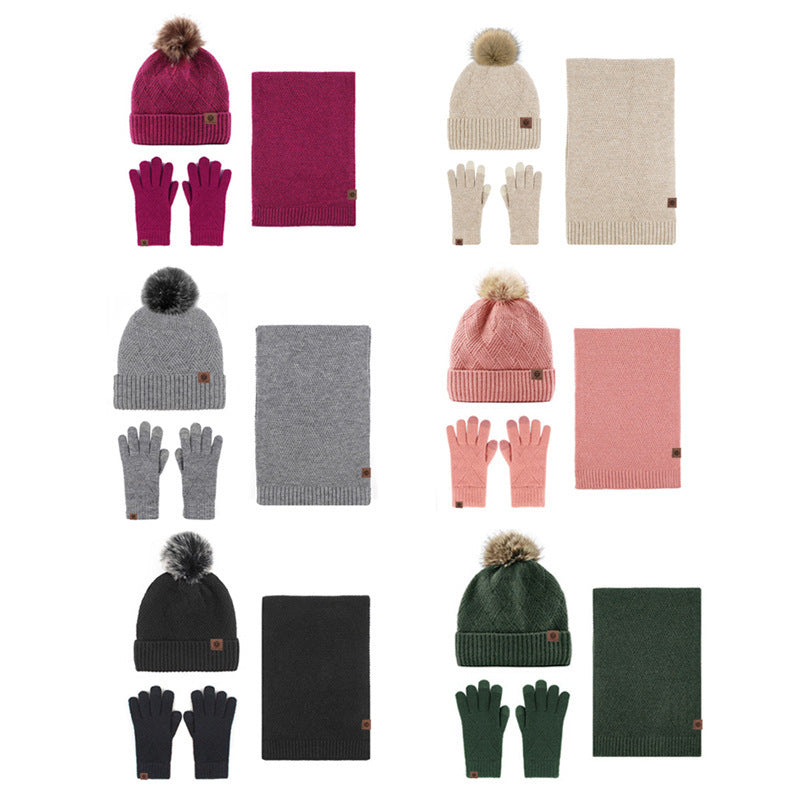 New Solid Color Wool Warm Hat Scarf Gloves Three-Piece Set Cold-Proof Fur Ball Fleece-lined Knitting Suit