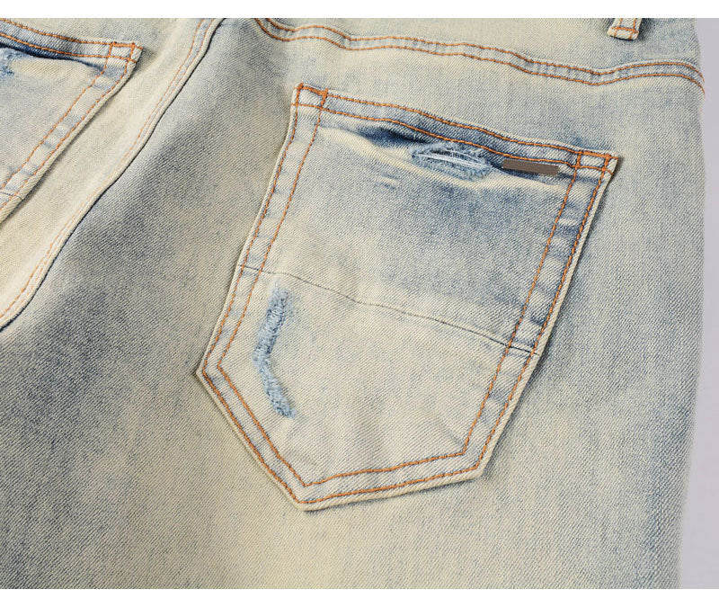 High Street Fashion Men's Jeans with Ripped Patches, Distressed Light Blue Slightly Stretchy Slim Fit Skinny Pants, Trendy Long Pants for Men