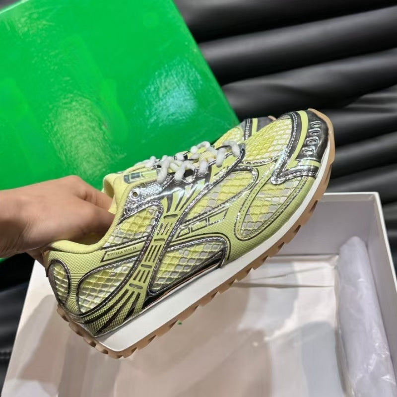 GMabcd New Casual Genuine Leather Mesh Patchwork Dad Shoes Versatile Fashion Couple Lace-up Sneakers