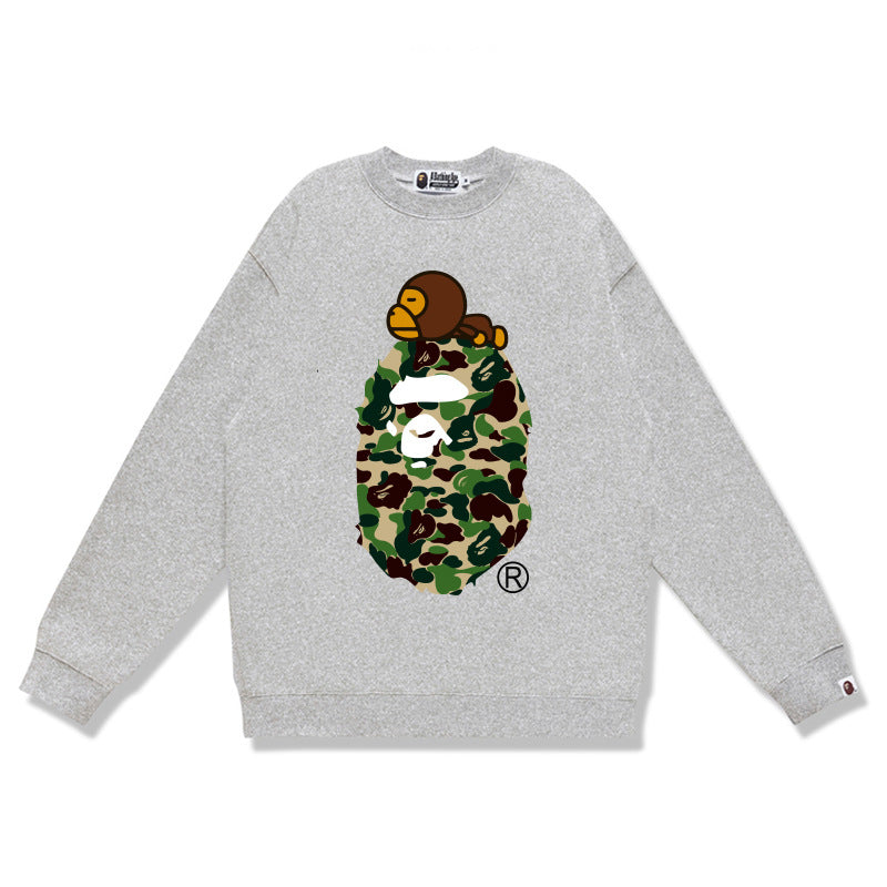 Terry Sweatshirt with Ape Man Letter Print, Unisex, Pure Cotton, Loose Fit, Thin, Crew Neck Pullover Top, Outerwear