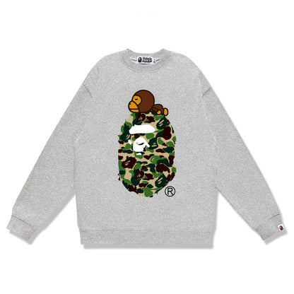 Terry Sweatshirt with Ape Man Letter Print, Unisex, Pure Cotton, Loose Fit, Thin, Crew Neck Pullover Top, Outerwear