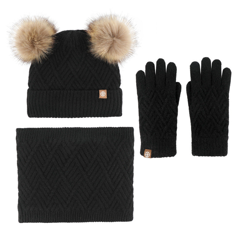 Children's Fur Ball Hat Scarf Gloves Three-Piece Set Winter Children Fleece-lined Thermal Knitting Suit