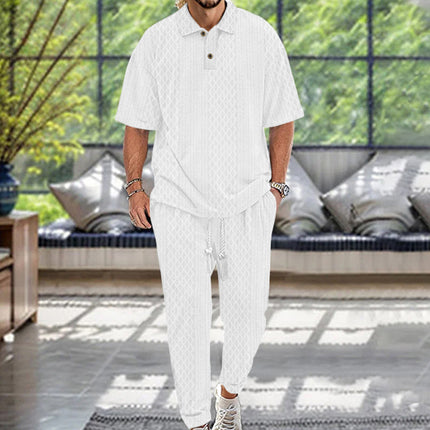 2025  Short-Sleeved Men's T-shirt Loose Leisure Suit Summer Simplicity Solid Color Jacquard Heavy T-shirt Trousers Suit