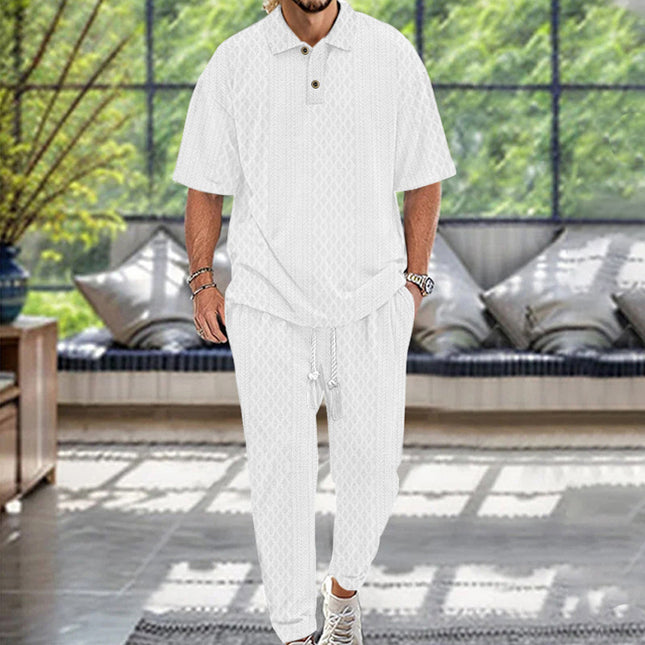 2025  Short-Sleeved Men's T-shirt Loose Leisure Suit Summer Simplicity Solid Color Jacquard Heavy T-shirt Trousers Suit