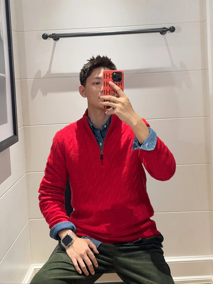 Real Shot RL Raffi Pony Label Embroidered Knit Sweater Men Autumn Winter Stand Collar Cable Couple Half Zip Sweater Women