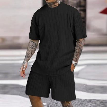 Fashion Striped Twist Short Sleeve T-Shirt and Shorts Two-Piece Loose Comfortable Casual Sports Set for Men