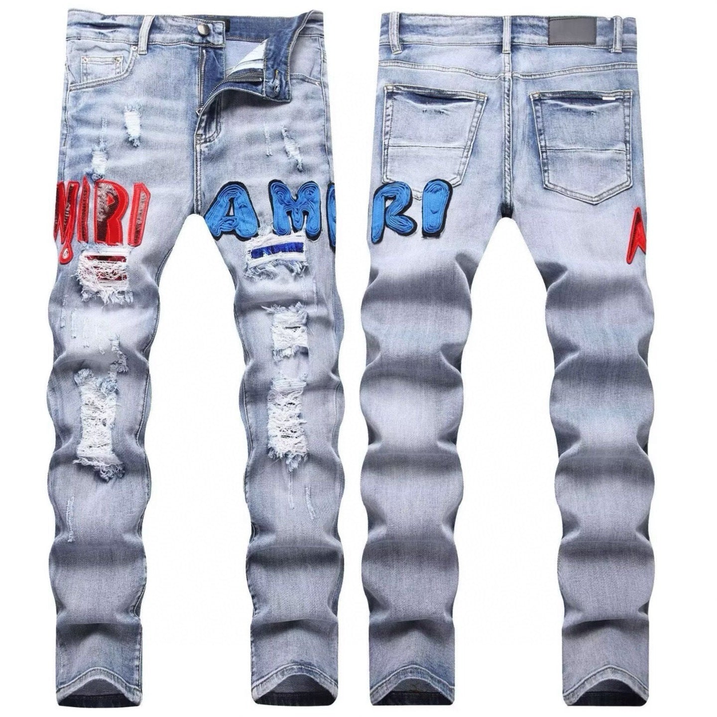 American Style Trendy Brand Jeans for Men with Patch Embroidery High Street Basic Ripped Skinny Fashion Casual Stretch Straight Long Pants