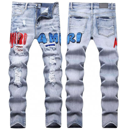 American Style Trendy Brand Jeans for Men with Patch Embroidery High Street Basic Ripped Skinny Fashion Casual Stretch Straight Long Pants