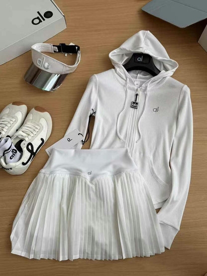 A-L High-Quality Hooded Zipper Jacket and Pleated Skirt Set Two-Piece Slim Fit Versatile Yoga Sports