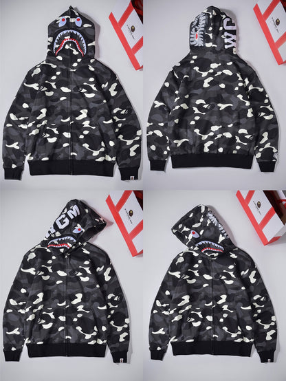 Fashion Brand Shark Camouflage Zipper Sweater Men and Women Couple Loose Cotton Fleece-lined Hooded Cardigan Coat Men