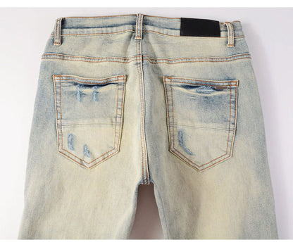 High Street Fashion Men's Jeans with Ripped Patches, Distressed Light Blue Slightly Stretchy Slim Fit Skinny Pants, Trendy Long Pants for Men
