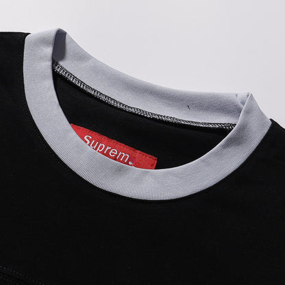 ss25supreme Crew Neck Short Sleeve American Style Trendy Classic Football Shirt Patchwork Ribbed High Street Top T-Shirt Unisex